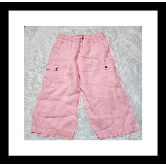 Caribbean Joe 100% Linen Pink Cargo Capri Tropical Pants Size 14 Petite - Picture 1 of 9